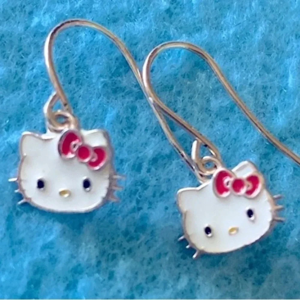 HELLO KITTY Sanrio sterling silver .925 stamped pierced wire dangle earrings NEW